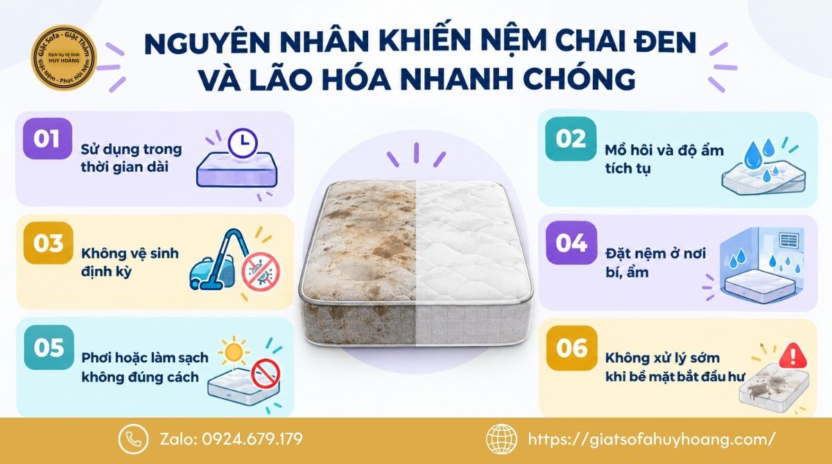 Nguyên nhân khiến nệm chai đen và lão hóa nhanh chóng