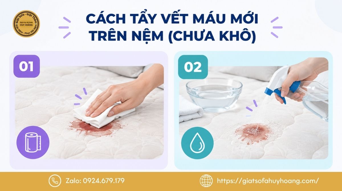 Cách tẩy vết máu mới trên nệm (chưa khô)